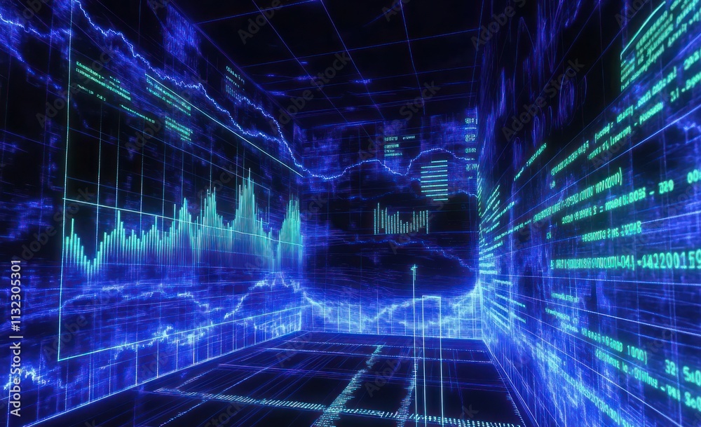Fototapete Abstract digital data visualization in a 3D space showing graphs, charts, and code.