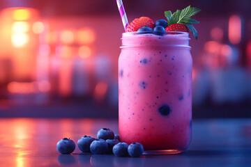  a vibrant smoothie made with fresh strawberries, blueberries, and banana,