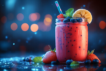  a vibrant smoothie made with fresh strawberries, blueberries, and banana,