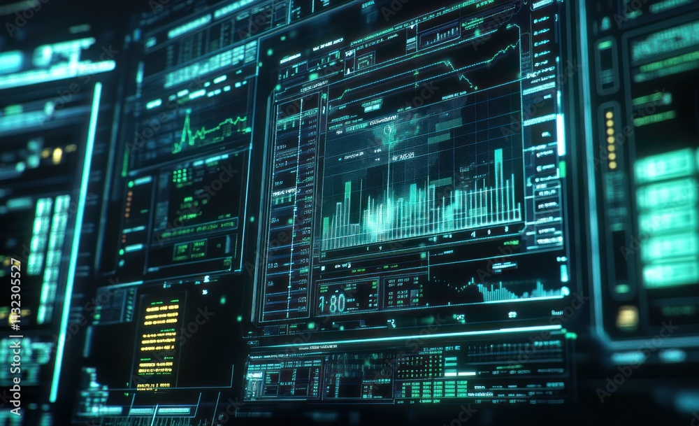 Leinwandbilder Futuristic digital interface with data graphs and charts.