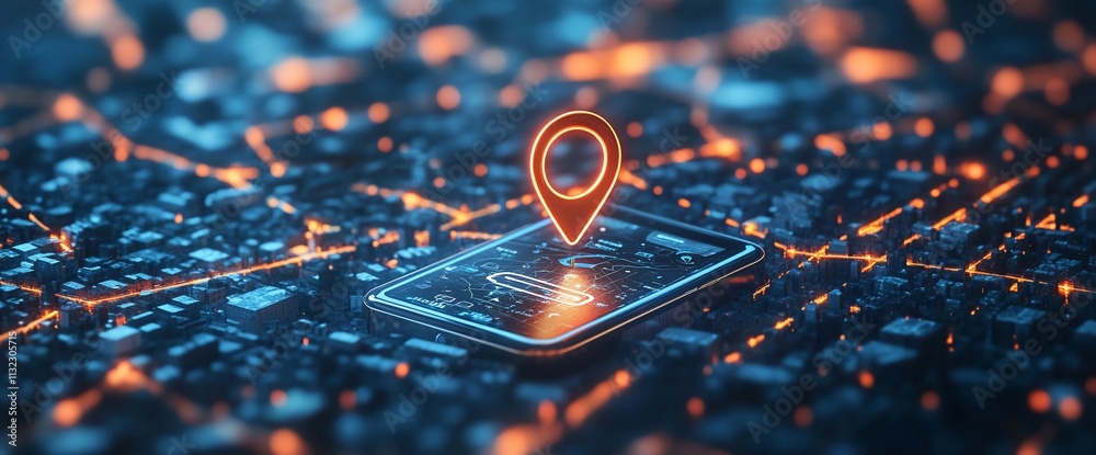 Poster a digital map with a location pin on a smartphone in a cityscape.