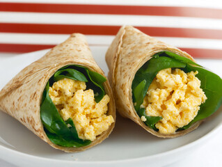  a whole-grain wrap filled with scrambled eggs, fresh spinach,