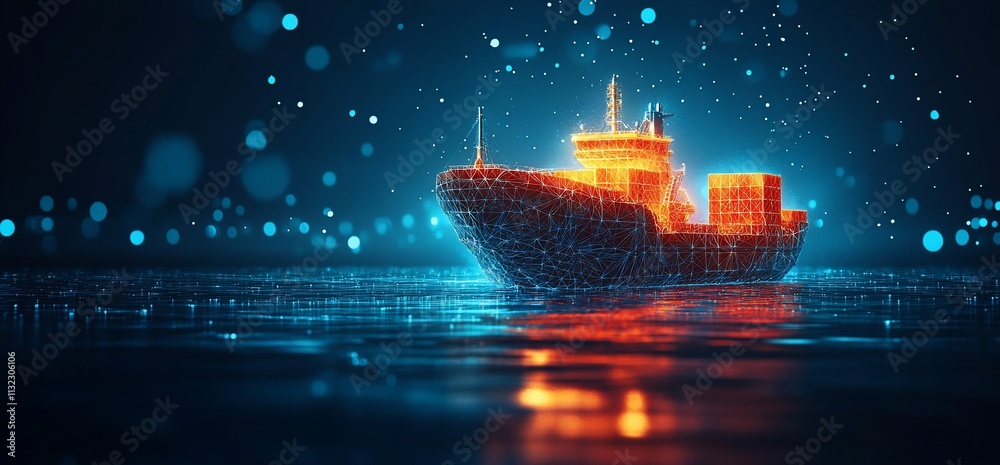 Poster a digital representation of a cargo ship illuminated in a futuristic style.