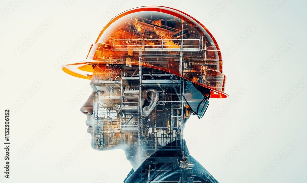 Poster A double exposure image of a worker in a hard hat with industrial elements.
