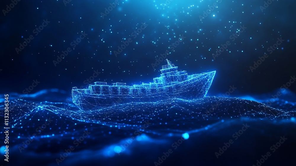 Poster a digital representation of a ship made of glowing particles on waves.