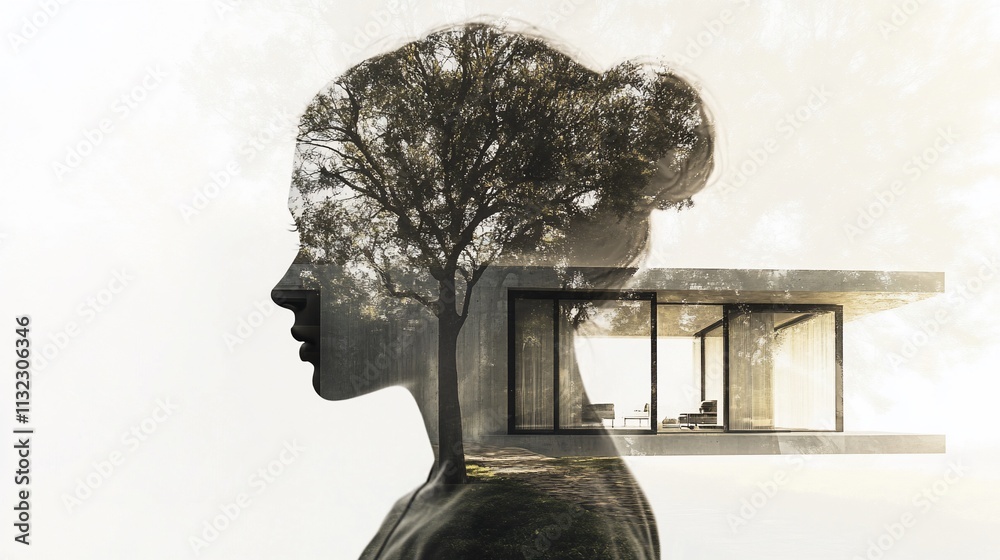 Aufkleber a double exposure image blending a woman's silhouette with nature and architecture.