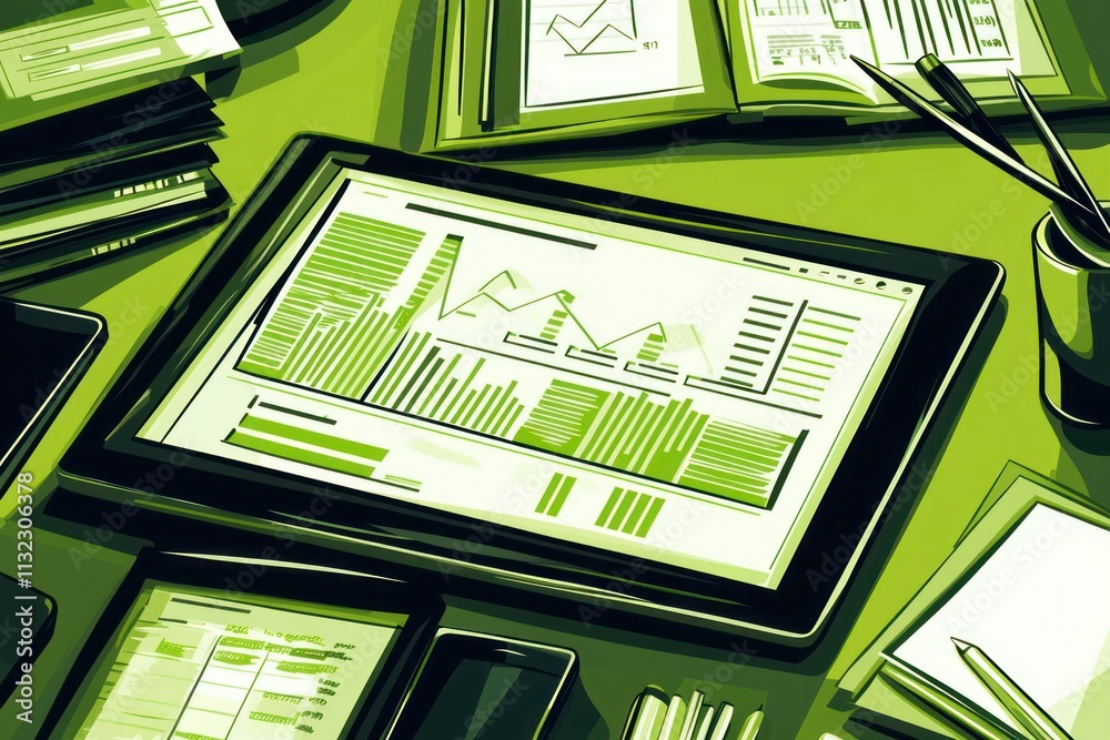 Poster Tablet displaying financial data graphs and charts surrounded by paperwork on a green desk.
