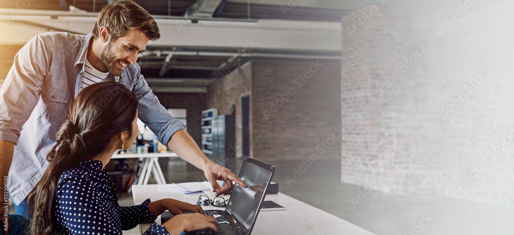 Aufkleber Design, laptop or pointing and employee with mentor in office for web development training. Banner, creative or intro to application with business man and woman in workplace for system integration