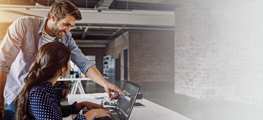 Design, laptop or pointing and employee with mentor in office for web development training. Banner,...