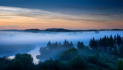 Fototapeta premium Mystical fog gently rolling over a serene twilight scene
