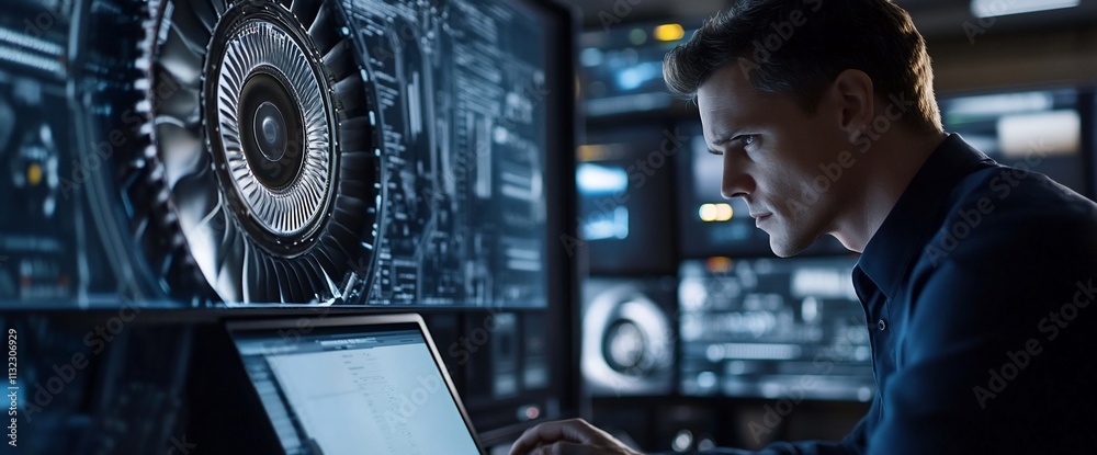 Poster A focused individual analyzing data on a laptop in a high-tech environment.