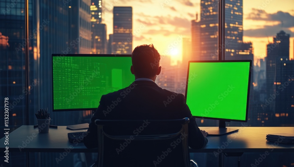 Aufkleber businessman working late at night in a modern office with city skyline view, using two computer scre