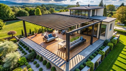 Fototapeta premium Bioclimatic Pergola Integration - Contemporary Home Drone Shot