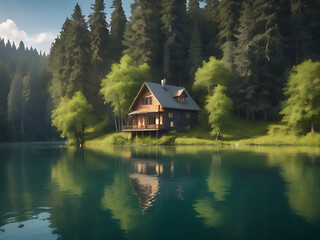 Fototapeta premium A house in the middle of a lake surrounded by trees