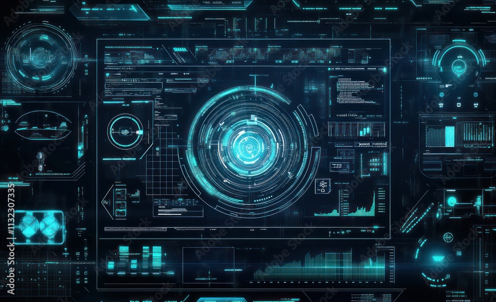 Poster Futuristic digital interface with glowing blue HUD elements and data graphs.