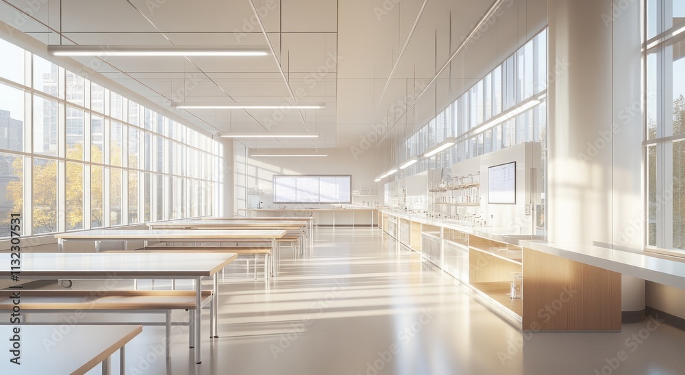 Aufkleber sunlit modern science lab with tables, counters, and large windows.
