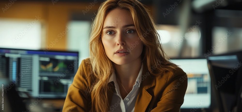 Poster a focused woman in an office setting, analyzing data on multiple screens.