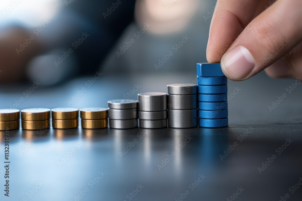 Poster hand placing blue cylinder on growing stack of metallic cylinders representing growth and progress.