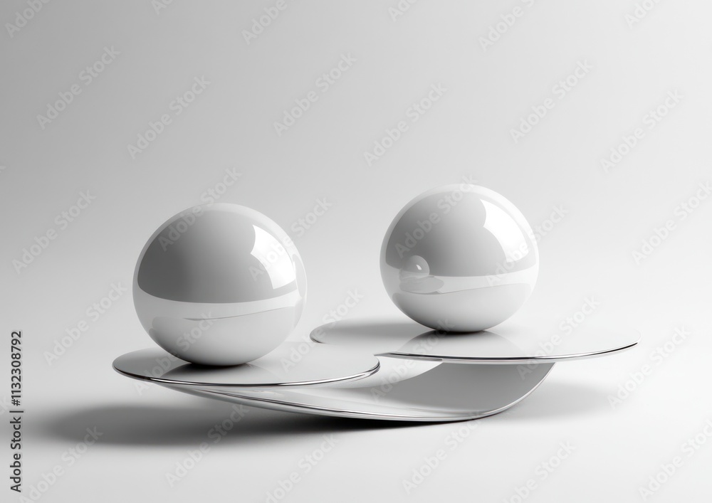 Poster two glossy white spheres rest on a curved white platform against a white background.