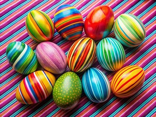 Colorful Retro Easter Eggs on Striped Fabric - Vintage Photography