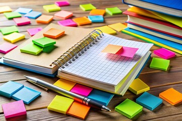 Colorful Sticky Notes, Open Notebook, Study Prep