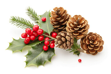 Christmas decoration of holly berry and pine cone isolated on white background