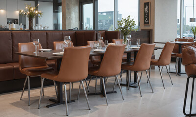 Fototapeta premium An industrial-style dining area with mocha mousse-colored chairs made from leather and metal. The combination of soft, glossy seating