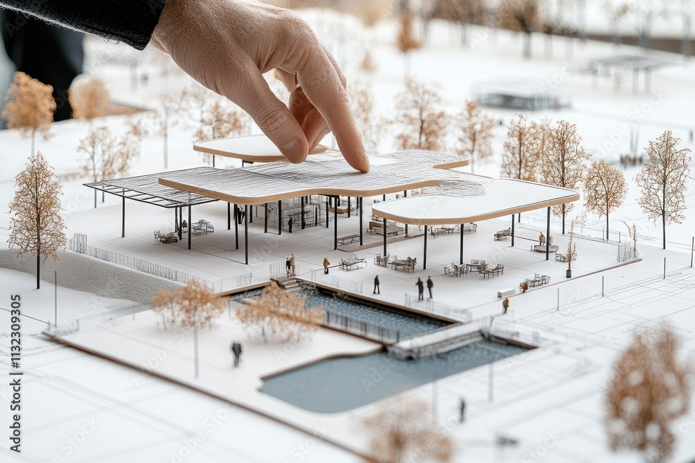 Poster hand pointing at architectural model of park with pavilion and canal.
