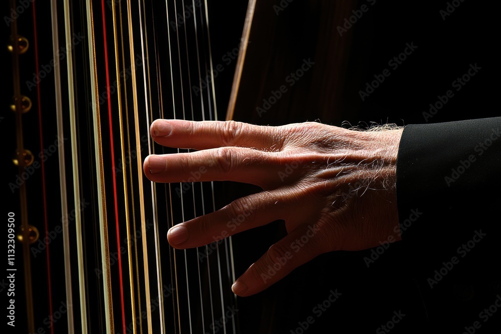 Poster close-up of a hand playing a harp, strings visible.