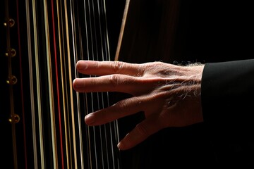 Close-up of a hand playing a harp, strings visible.