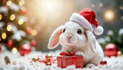 A cute white rabbit wearing a Santa hat sits next to a red gift box in a festive Christmas scene