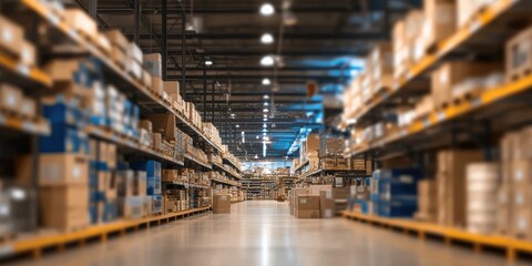 Blurred image of a large hardware store showcasing a defocused interior filled with various home improvement items. This hardware store features indoor and outdoor ceiling fans, lights, and