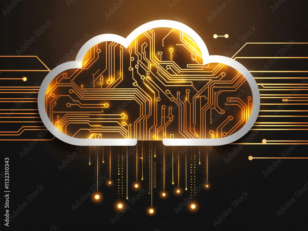 Poster a digital cloud design features intricate circuit patterns and glowing connections, symbolizing mode