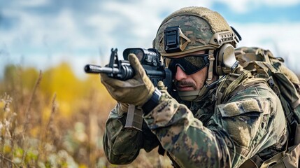 Fototapeta premium Camouflaged Soldier Aiming Rifle in Autumn Field Combat