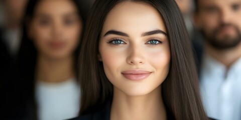Obraz premium A woman with long dark hair and blue eyes smiles confidently in the foreground, while blurred figures are seen behind her. Concept Confident Woman, Long Dark Hair, Blue Eyes, Blurred Background