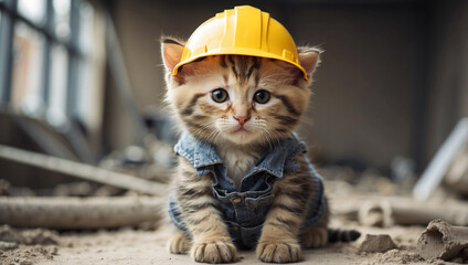 Kitten Dressed as a Builder at a Construction Site