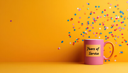 cheerful coffee mug labeled Years of Service with colorful confetti