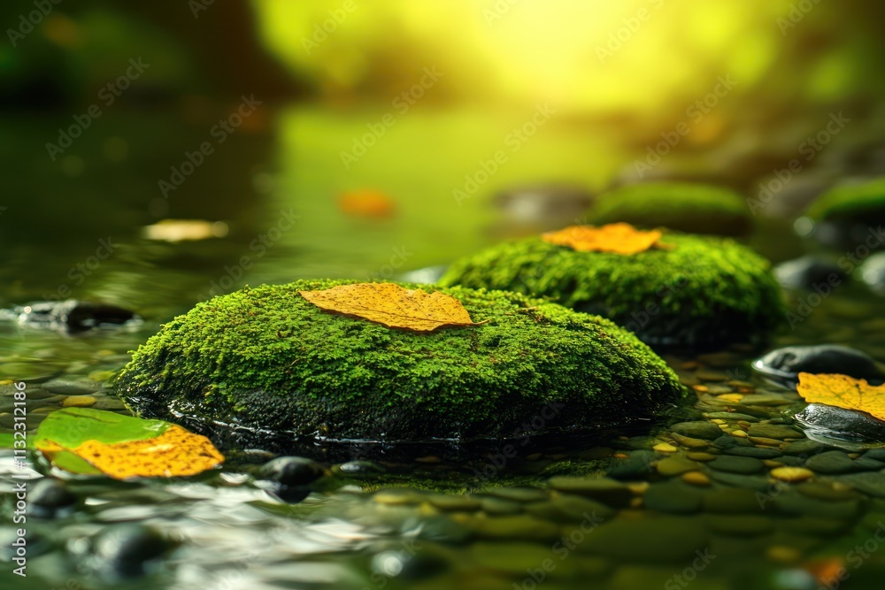 Aufkleber mossy rocks in a calm stream with autumn leaves.