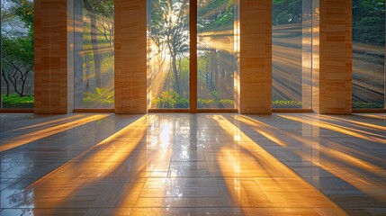 Fototapeta premium Sunbeams Streaming Through Large Windows into a Polished Stone Floor Hallway