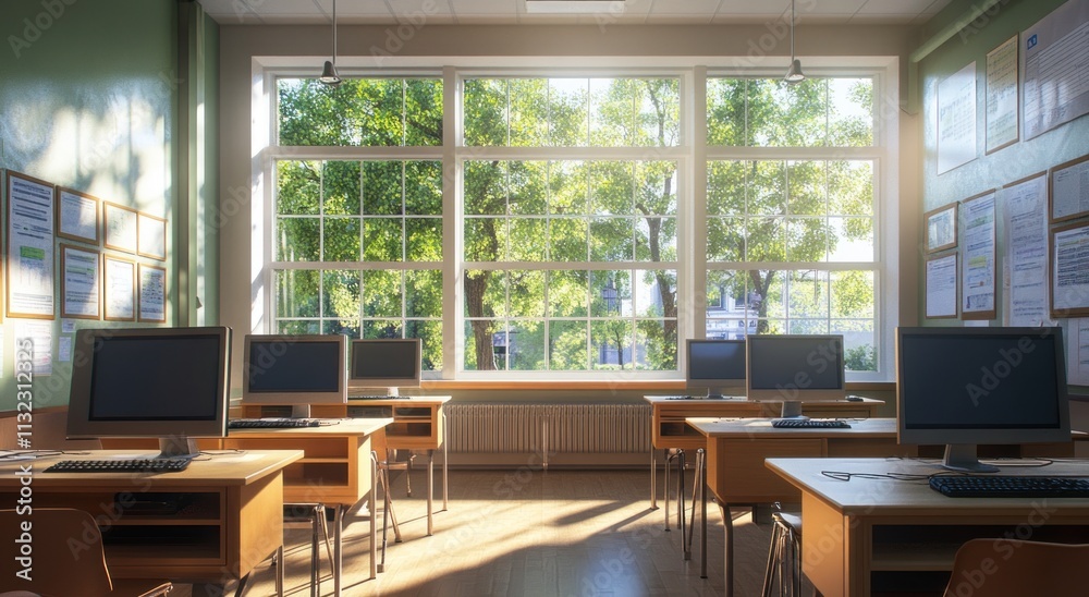 Poster Sunlit classroom with computers and large window showing green trees.