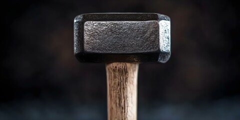 A close-up of a heavy hammer with a metallic head and wooden handle, set against a blurred dark background. Concept Hammer Details, Close-Up Photography, Textured Surfaces, Contrast and Shadows