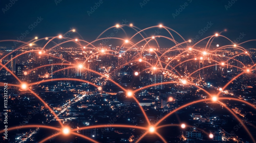 Poster a network visualization over a cityscape at night, symbolizing connectivity.
