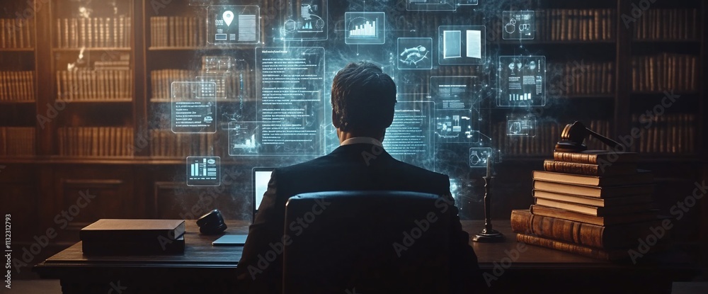 Poster A person at a desk surrounded by floating data visuals and books.