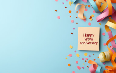 festive flat lay of colorful streamers, confetti, and card saying Happy Work Anniversary