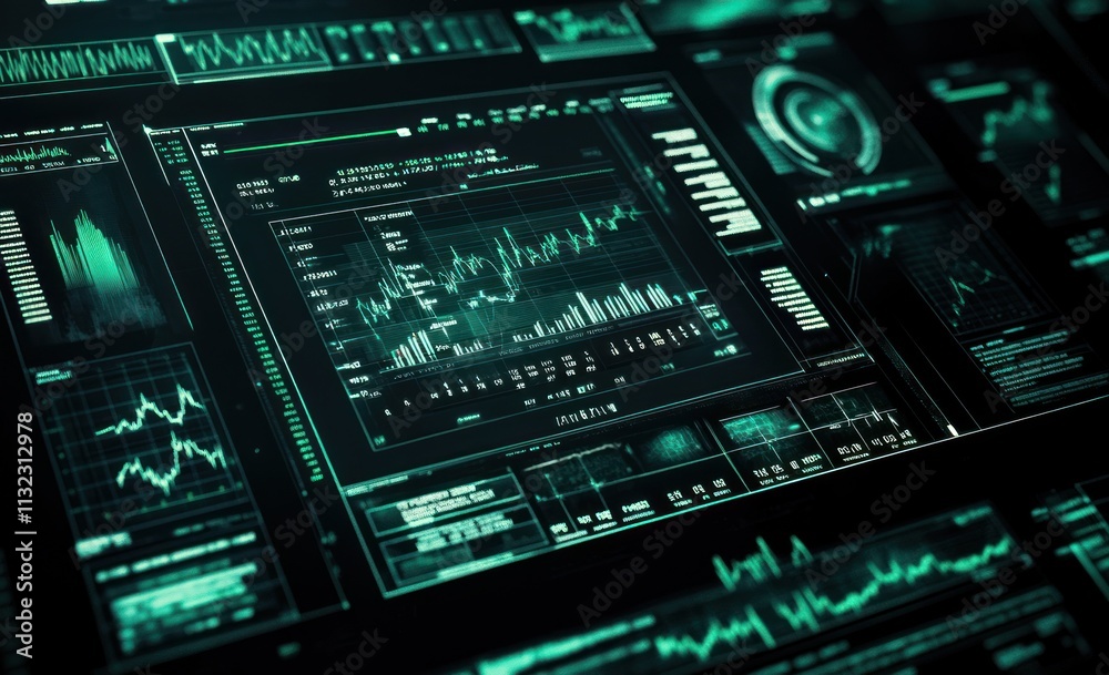 Poster futuristic digital dashboard with glowing green graphs and charts on a dark background.