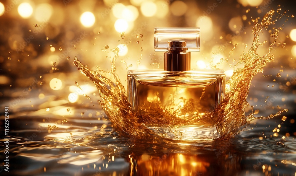Poster a perfume bottle splashes in water, creating a golden, shimmering effect.