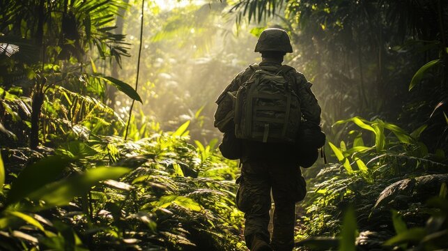 Soldier Trekking Lush Tropical Rainforest Jungle Path Backlit