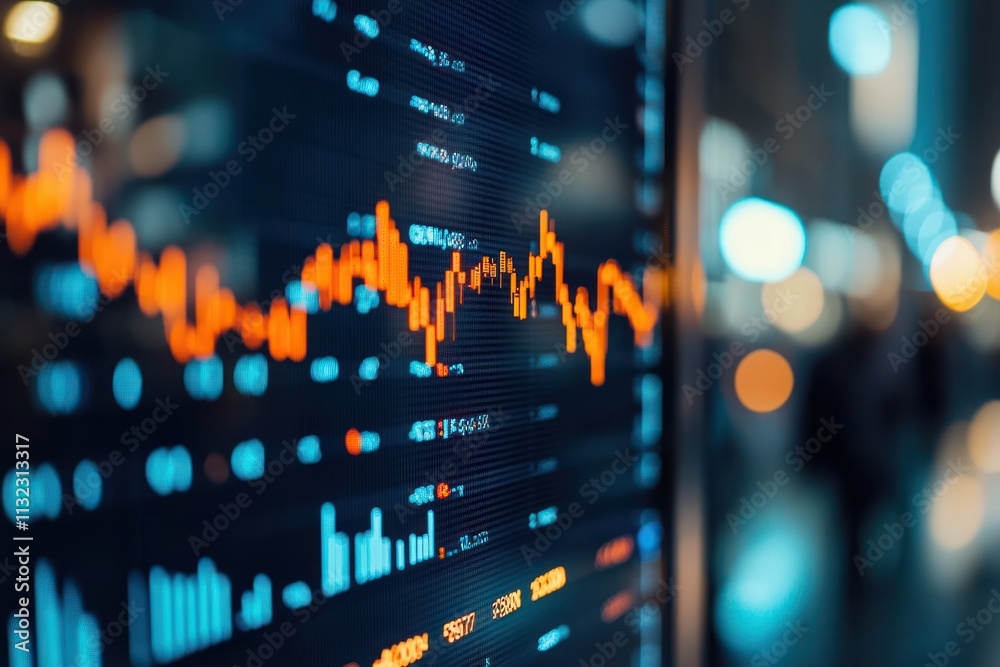 Poster stock market data displayed on a screen at night, showing financial charts and graphs.