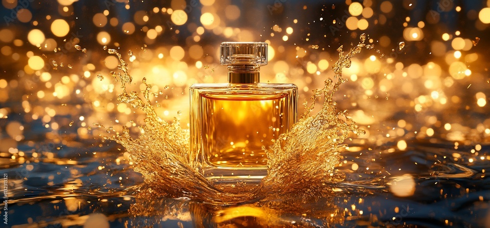 Poster a perfume bottle splashes in water, surrounded by shimmering bokeh lights.