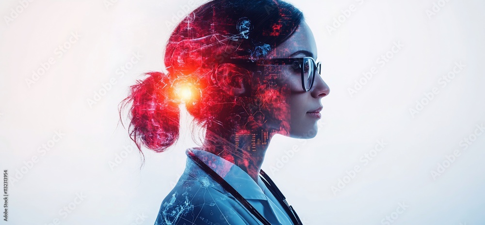 Poster a profile of a woman with a digital overlay representing scientific concepts.